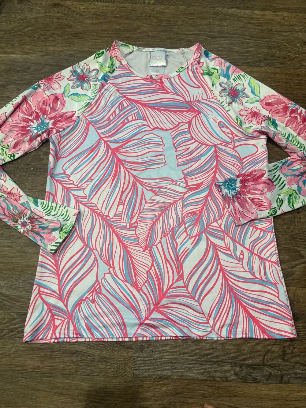 Stella Parker Tropical Floral Rash Guard Pink Blue Long Sleeve Swim Shirt L